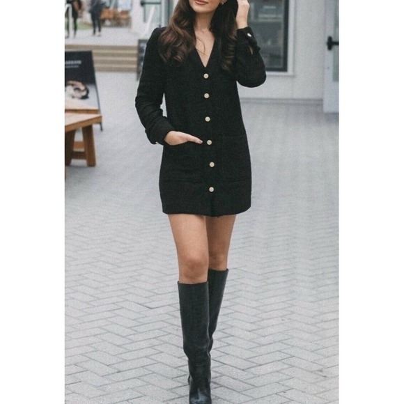 Zara Dresses & Skirts - Zara Black Gold Button Front Mini Jacket Dress Size XS Textured Tweed Cardigan